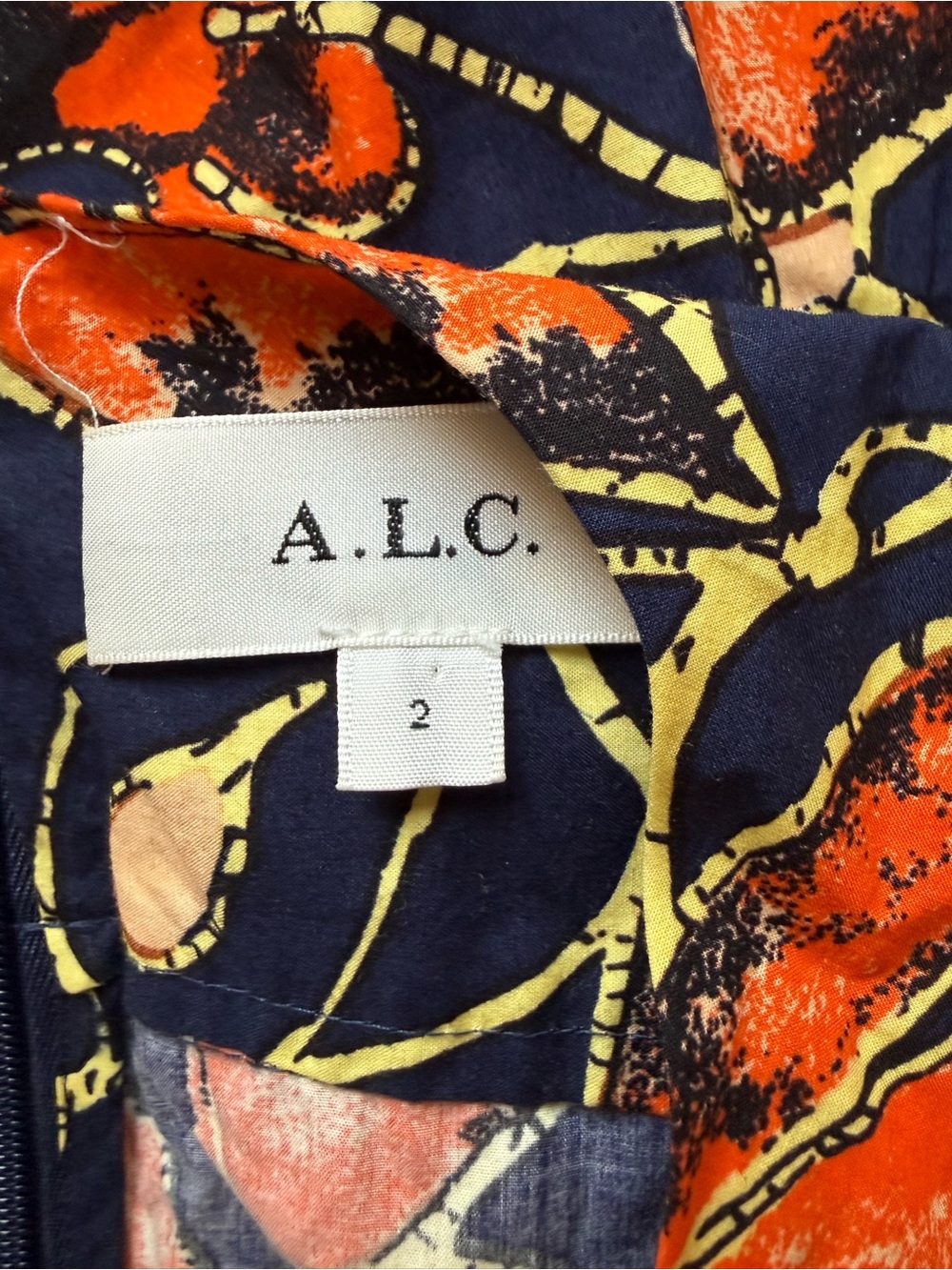 A.L.C. Printed Cotton Dress Size 2 Navy Orange Boho Tie Front Mini - Picture 10 of 11